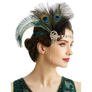 Flapper Headpiece Feather Crystal Beaded Headband 1920s Gatsby Party